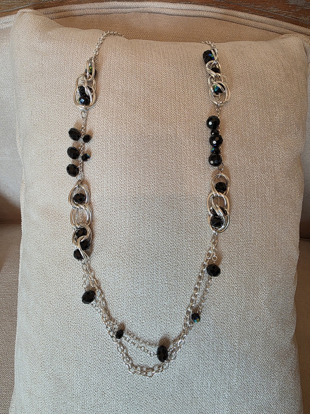 Silver Tone Black Beaded Necklace Layered Chain Statement
